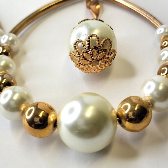 Gold Beads and White Pearl Large Hook Earrings - Picture 8 of 9